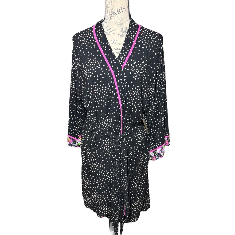 Soma Cool Nights‎ Short Robe Heartbreaker Black Floral All Over Ditsy Hearts